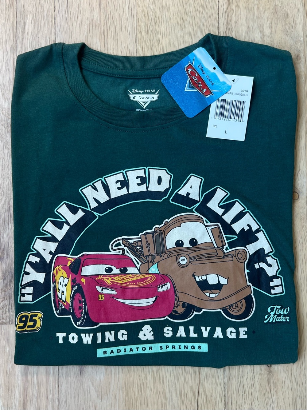 Cars Disney Pixar Movie NWT Shirt Adult Sz Large Green Tee McQueen Mater T-Shirt